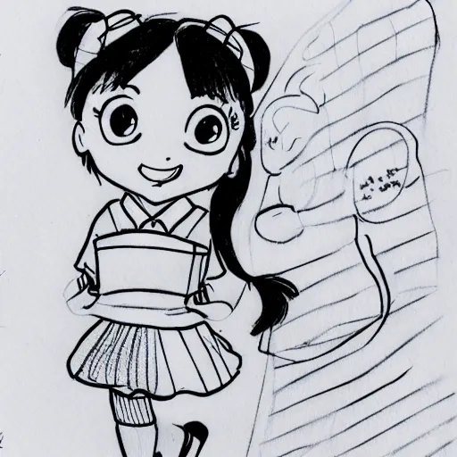 Image similar to a perfect professional sketch of a funny and cute Japanese schoolgirl, by ink pen, in style of Disney Pixar, CalArts, on high quality paper