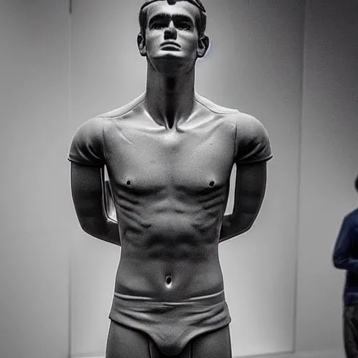 Image similar to “ a realistic detailed photo of a guy who is an attractive humanoid who is half robot and half humanoid, who is a male android, soccer player antoine griezmann, shiny skin, posing like a statue, blank stare, at the museum, on display ”