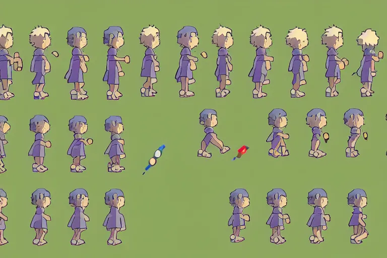 Image similar to a sprite sheet containing of a hero running by studio ghibli, side view, proportions, sprite sheet, running cycle, ready to model,
