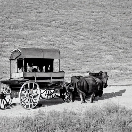 Image similar to a birdseye view sepia photograph of a delorean turned into a covered wagon, traveling in a line with covered wagons and cattle