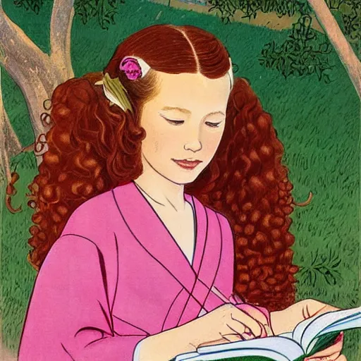 Prompt: beautiful little girl with long curly red hair dressed in a pink kimono and sitting next to a tree while reading a book, artwork made in western comic art style, inspired in balthus, anatomically correct, higher details, realistic