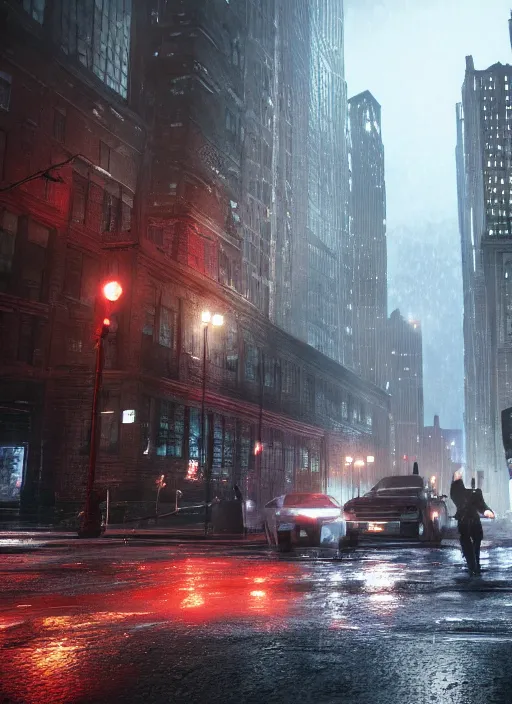 Image similar to watch dogs game, chicago city rainy detailed, soft lighting