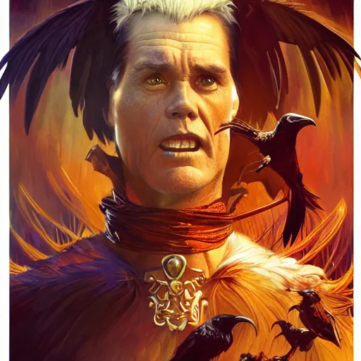 Image similar to jim carrey controlling evil ravens, demonic, evil, satanic, intricate, highly detailed, digital painting, artstation, concept art, smooth, sharp focus, illustration, unreal engine 5, 8 k, art by artgerm and greg rutkowski and alphonse mucha