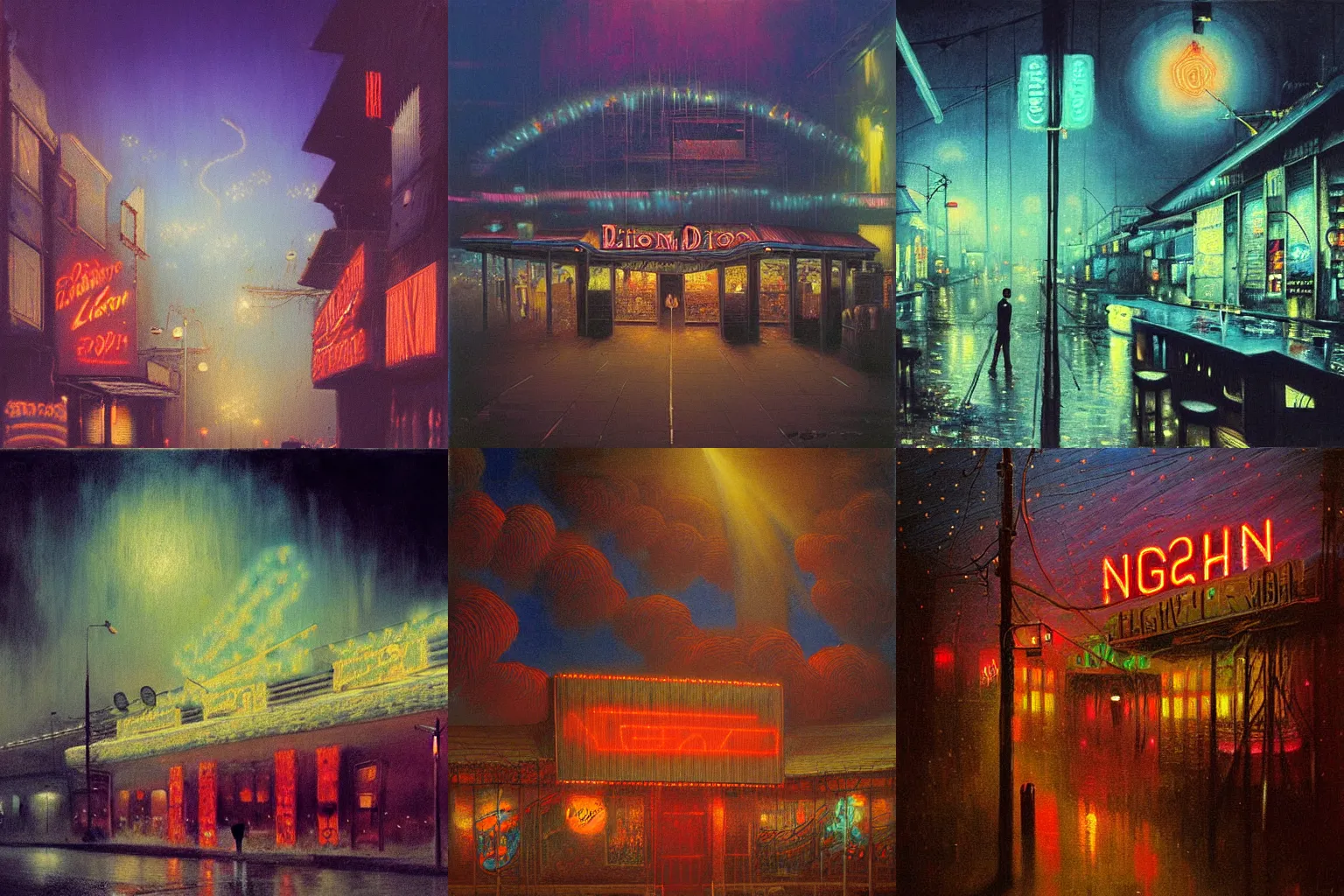 Prompt: detailed painting of a night neon bar sign, exterior, floral ornaments, volumetrics lights, beam of bright lights through the clouds, beksinski, bougeureau