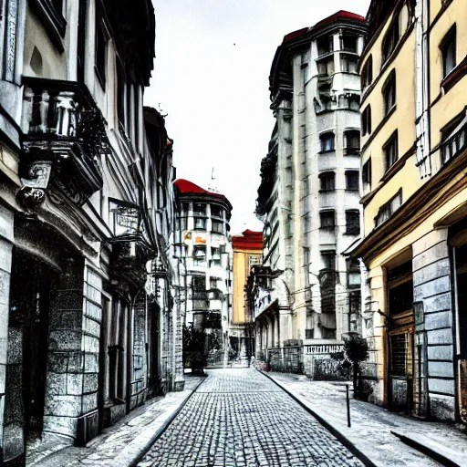 Image similar to streets of sofia bulgaria, afternoon, moody lighting, in the style of giorgio de chirico