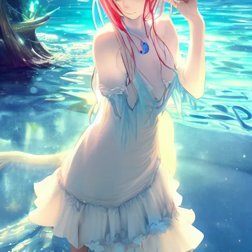 Prompt: a very beautiful anime girl wearing a dress made of water standing in a crystal lake , full body, very long black hair, azure blue watery eyes, full round face, seductive stare, cinematic lighting, medium shot, mid-shot, highly detailed, trending on artstation, Unreal Engine 4k, Stanley Artgerm Lau, WLOP, Rossdraws, James Jean, Andrei Riabovitchev, Marc Simonetti, and Sakimichan