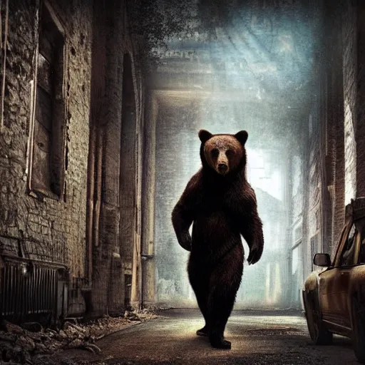 Prompt: a bear wandering an abandoned city, steampunk, moody, atmospheric