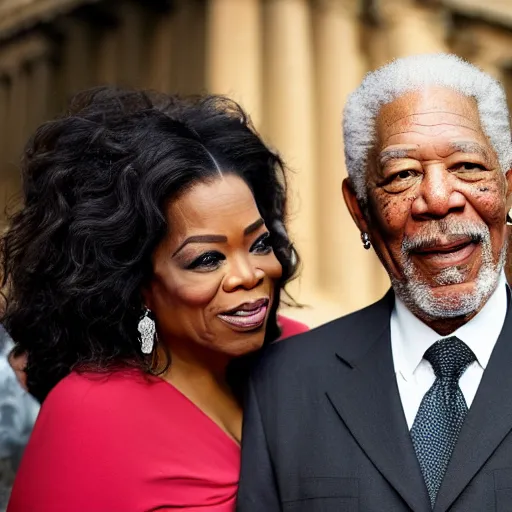 Image similar to photo of morgan freeman and oprah winfrey hugging on the background of the colesseum in rome, 5 0 mm, beautiful photo