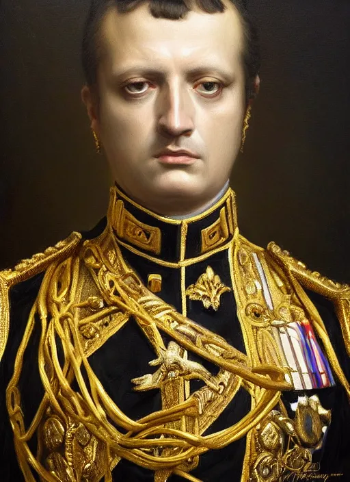 Image similar to highly detailed oil painting | very intricate | cinematic lighting | black, white and gold color scheme, dark background | emperor napoleon by alexander mcqueen | by roberto ferri, by tom bagshaw, by singer sargent and klimt, american romanticism, occult art | by austin osman spare, artstation, cgsociety, official art, octane