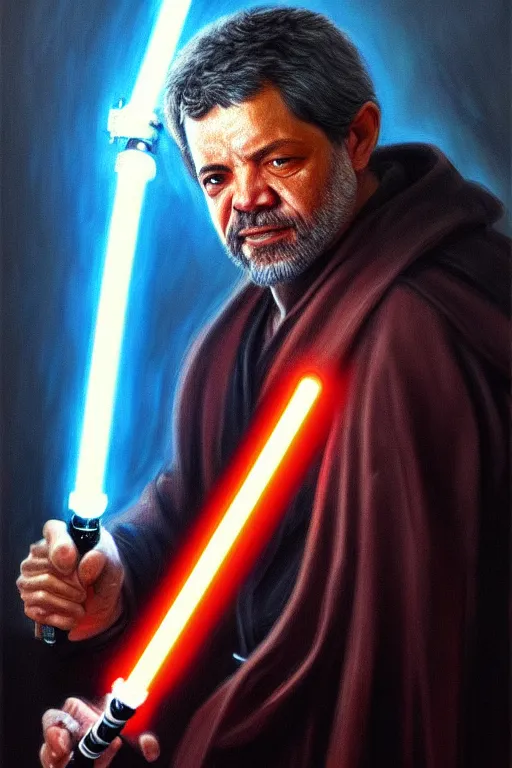 Image similar to breathtaking detailed concept art painting of a jedi luis inacio lula da silva holding a lightsaber, exquisite detail, extremely moody lighting, 8 k