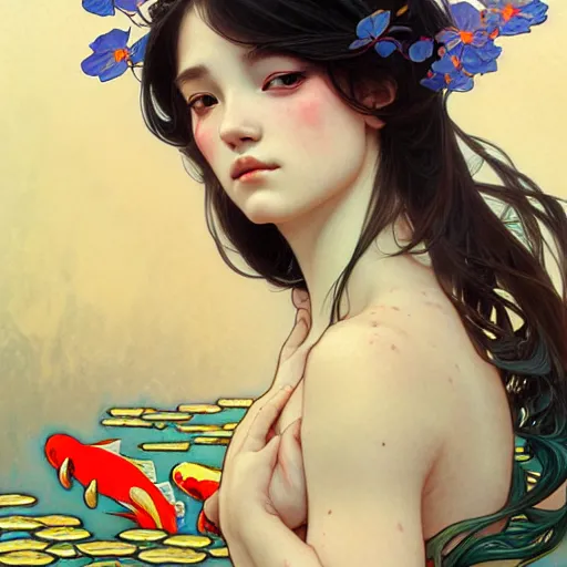 Prompt: Portrait of a girl surrounded by Koi fish, face, fantasy, intricate, elegant, highly detailed, digital painting, artstation, concept art, smooth, sharp focus, illustration, art by Yuhong Ding and Artem Demura and alphonse mucha