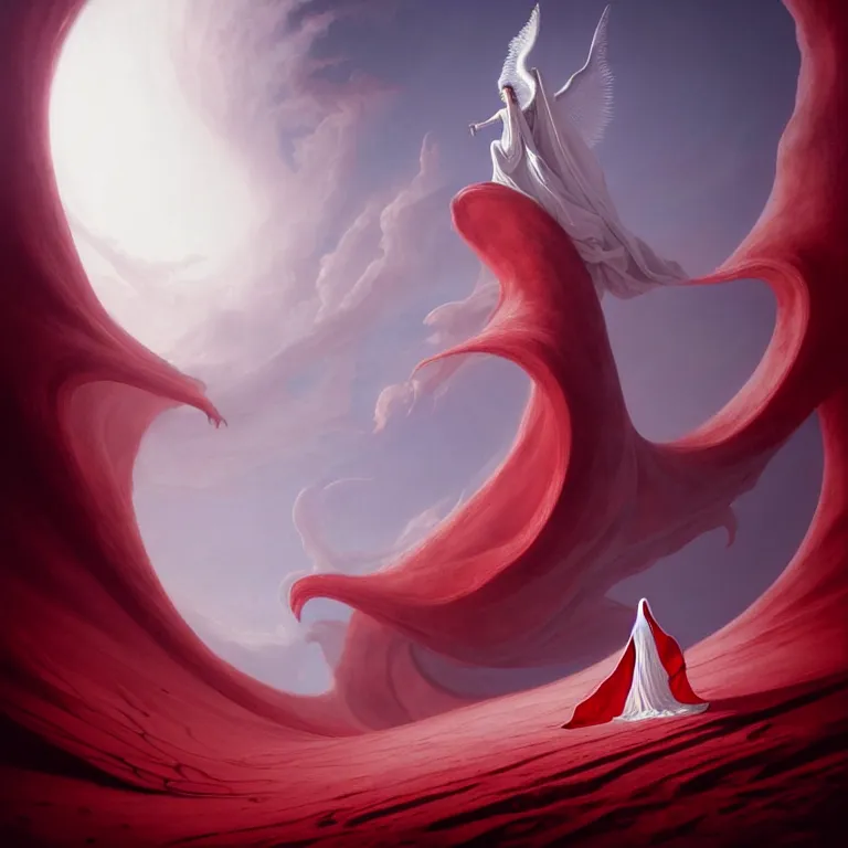 Image similar to one lone singular swirling otherworldly angelic figure shrouded in red robes emerges from extensive barren white dunescape, matte painting by peter mohrbacher and filip hodas, background basilica sacre coeur, godrays, high contrast, highly detailed, a