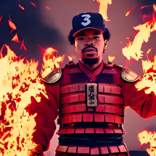 Image similar to cinematic film still of Chance The Rapper starring as a Samurai holding fire, Japanese CGI, VFX, 2022, 40mm lens, shallow depth of field, film photography