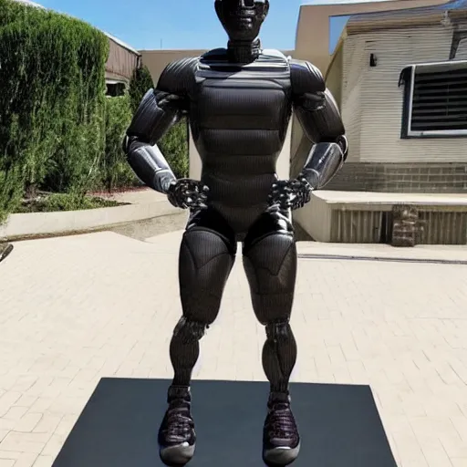 Image similar to a realistic detailed photo of a guy who is an attractive humanoid who is half robot and half humanoid, who is a male android, wrestler nick suriano, shiny skin, posing like a statue, blank stare, by the pool, on display, showing off his muscles, humanoid robot, frozen ice statue