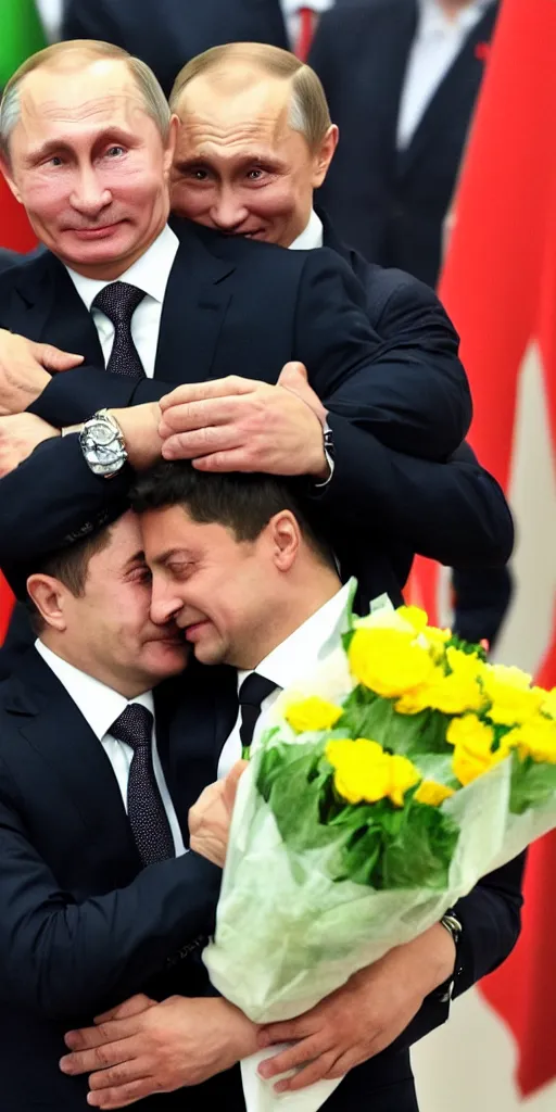 Image similar to Vladimir Putin gives Volodymyr Zelenskyy a great big hug