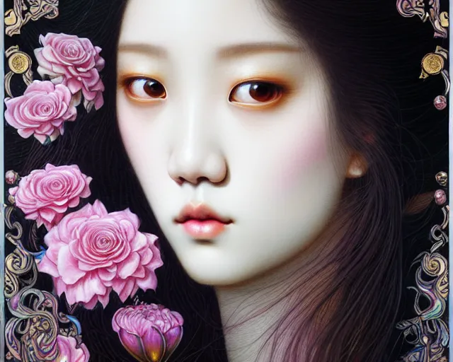 Image similar to jisoo from blackpink, portrait, rococo and art nouveau fusion, iridescent diaphanous refractive and reflective flower bouquet, tarot card, hyperrealistic, highly detailed, deep focus, intricate, elegant, digital painting, smooth, sharp focus, illustration, ultra realistic, 8 k, art by karol bak and agnes cecile