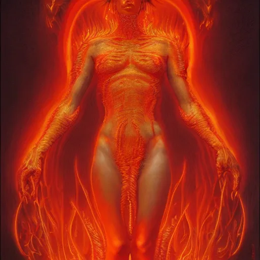 Image similar to A stunning portrait of a goddess, her body made of flames, by Wayne Barlowe, 8K UHD, intricate, fantasy, Trending on artstation.