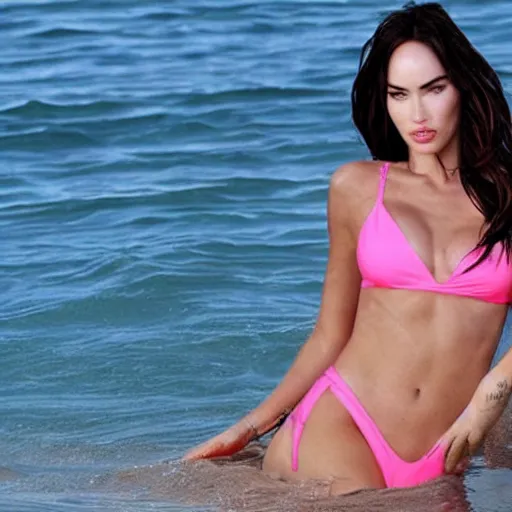 Image similar to megan fox dressed in a pink bikini, fierce, perfect skin, photo realistic
