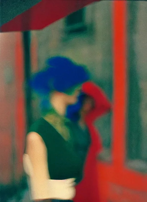 Prompt: out of focus, head to shoulders woman, photography by saul leiter and ernst haas in a decorated pompeii peristylium, tea green, airforce blue, red, closed eyes