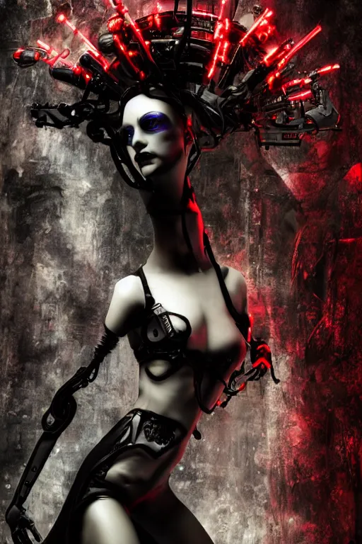 Image similar to full-body cyberpunk style sculpture of a young beautiful dark priestess, half android with a head opening exposing circuitry, glowing red eyes, black roses, flowing blood-red colored silk, fabric, candles, baroque elements, human skull, full-length view. baroque element, intricate artwork by Caravaggio. crows flying in background. Trending on artstation. octane render, cinematic lighting from the right, hyper realism, octane render, 8k, depth of field, 3D