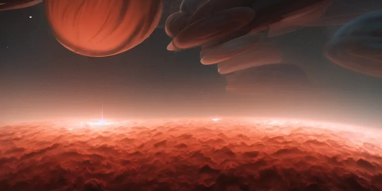 Image similar to throng of various alien flying shiny fish - like creatures, in the style of edwin salpeter. scene set in the upper atmosphere of jupiter. electrical storms. beautiful clouds. volumetric real lighting. real light and shadows. dim sun. astronomy. artstation, octane, real details, fog, 8 k, hd, warm red and orange shades.