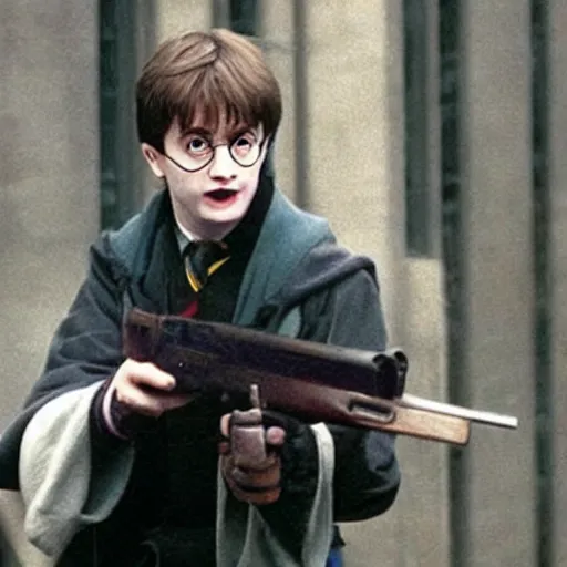 Image similar to harry potter robbing a bank, holding rifle in style of gra v