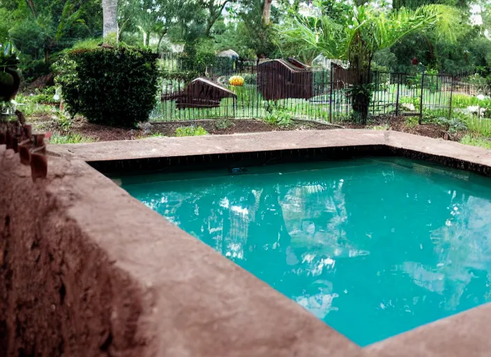 Prompt: pool filled with chocolate pudding photo. dslr