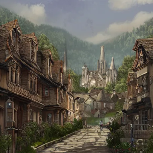 Image similar to elegant fantasy capital city, in the foreground sprawling houses and shops lining the crowded streets. in the background is a large stone castle with several tall spires. view from the ground looking from a street towards the castle. realistic, highly detailed painting concept art style