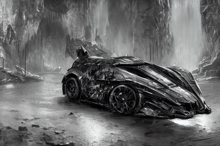 Prompt: the batmobile standing in a very dark and wet cave. highly detailed. intricate. mist. atmospheric. octane render. rim light. photoreal. 8 k. monochrome. cinematic. matte painting imagined by craig mullins and greg rutkowski. concept art, trending on artstation.