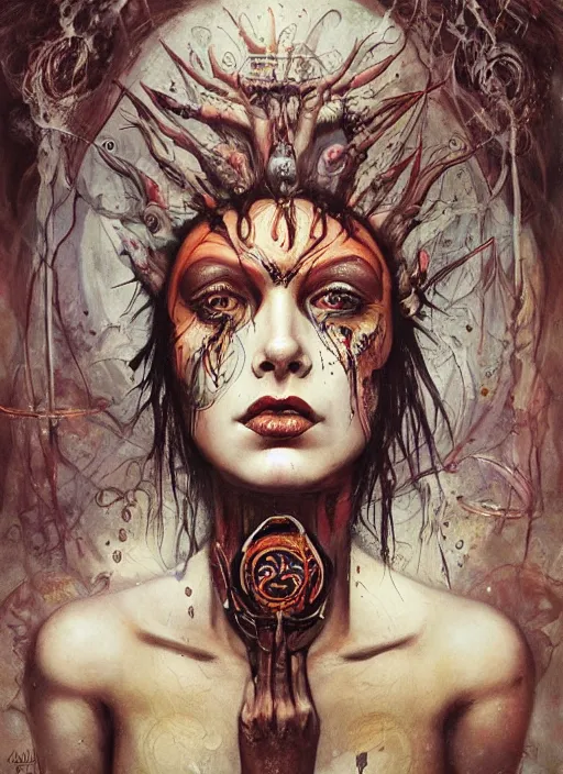 Prompt: tripping magic cult psychic woman, painted face, third eye, energetic consciousness psychedelic, epic surrealism expressionism symbolism, symmetrical face, by joao ruas, karol bak, masterpiece