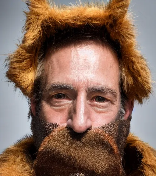 Image similar to detailed attractive characther portrait of jimmy faloon wearing oversized cow skin jacket and gold beard, realistic, wide angle, dramatic light 8 k