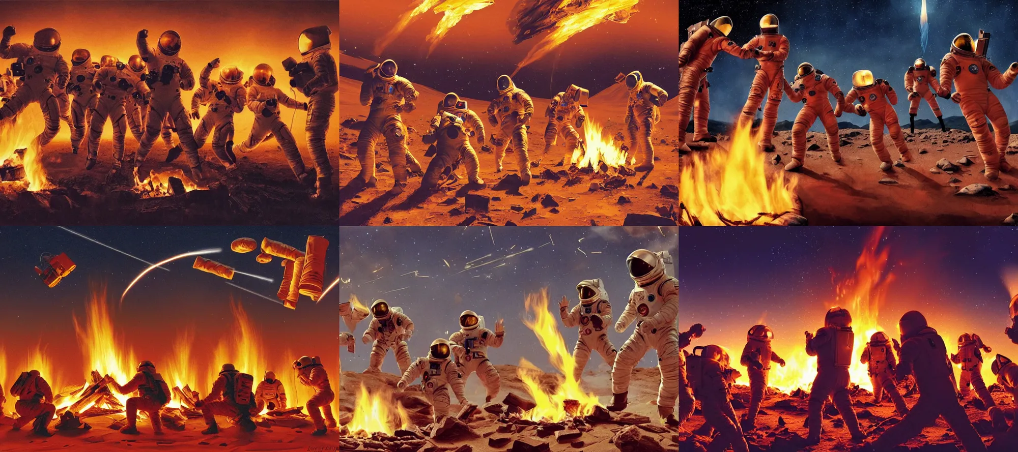 Prompt: incredible screenshot of an a group of astronauts burning everything in a campfire on mars, dynamic camera angle, deep 3 point perspective,dynamic extreme foreshortening of the marshmallows they are toasting over the fire, sci fi, matrix, blue lightening *by phil hale, ashley wood, geoff darrow, james jean, 8k, hd, high resolution print