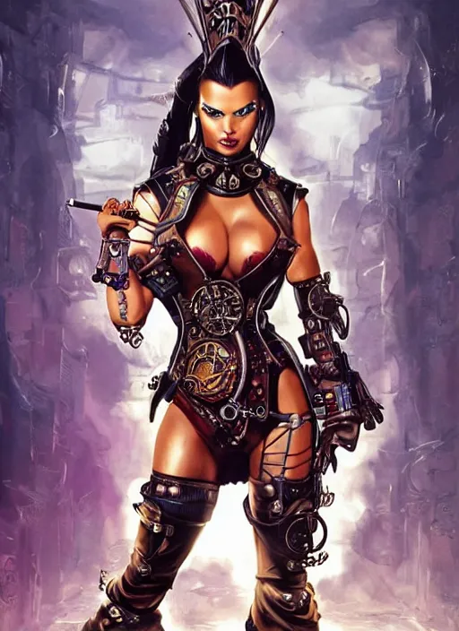 Image similar to front portrait of attractive Adriana Lima as Lady Mechanika holding a shotgun with both hands, Intrincate background with steampunk imagery , D&D!, fantasy style, sharp focus!, ultra detailed, art by Artgerm and Peter Andrew Jones, WLUP
