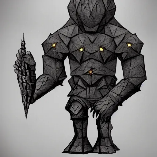 Image similar to Golem with a 12 side polyhedron head. Dark Fantasy, concept art, Bloodborne style