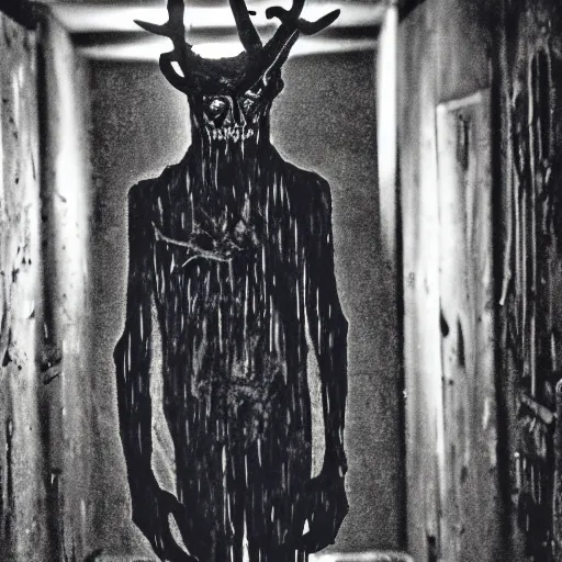 Prompt: a flash photo of creepy wendigo with an unnatural posture standing in a vantablack russian basement from the horror movie rec, shaky camera, it is deformed and is staring at the camera from the end of a dark liminal hallway. caught on vhs, film grain, national geographic award winning photography,