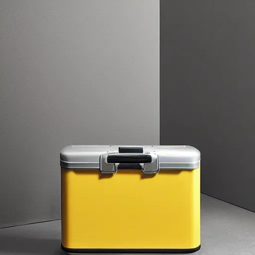 Image similar to a yellow coffee mug looks like rimowa aluminium suitcase, full of steaming coffee