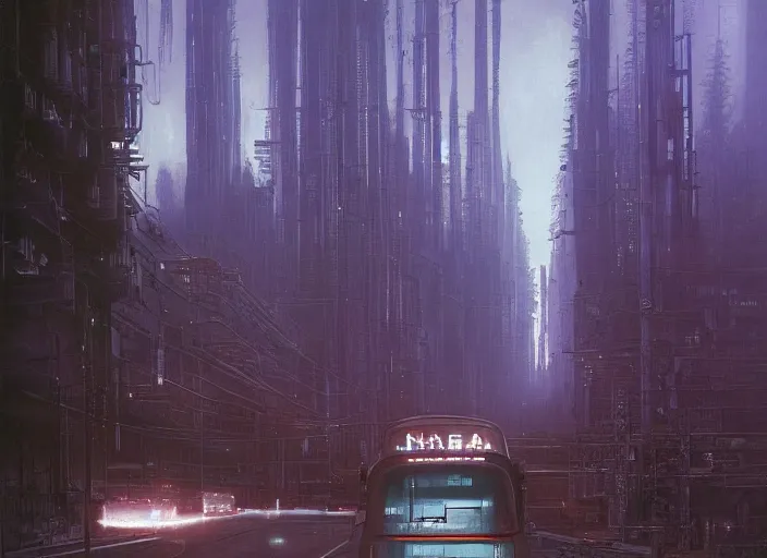 Prompt: a ca bus driving down a street next to tall Forest-1 the night, cyberpunk art by Chesley Bonestell, cgsociety, retrofuturism, matte painting, reimagined by industrial light and magic