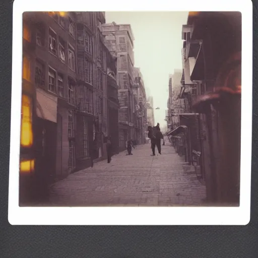 Image similar to a street level Polaroid of a steampunk city street, with people walking on the streets, at night