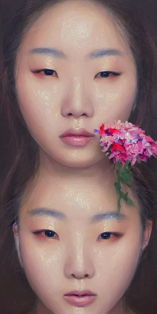 Image similar to beautiful highly detailed and expressive oil painting of a korean woman's face formed by petals, masterpiece, dynamic lighting,