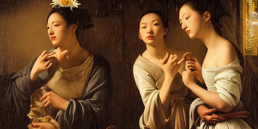 Prompt: beautiful oil matte portrait painting, man offering a flower to a woman in a tokyo alley at night, raining, wonderful masterpiece highly detailed, beautiful cinematic light deep focus, elegant, digital painting, smooth, sharp focus, golden ratio, dramatic illumination, ultra realistic, 8 k, art by artemisia lomi gentileschi and caravaggio