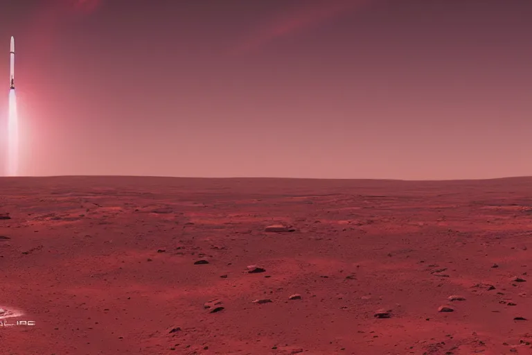 Image similar to spacex starship lifting off from the surface of mars, hazy, pink sky, cinematic, photorealistic, 4 k