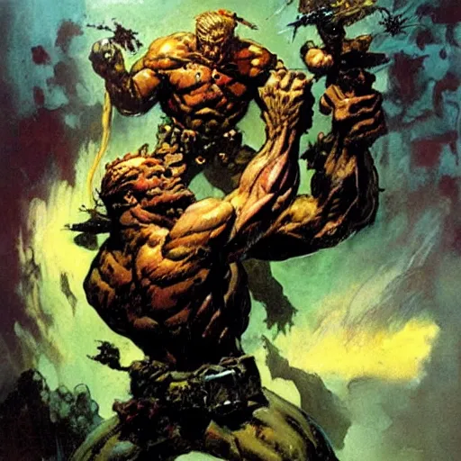 Image similar to warrior be enveloped gelatinous cube by frank frazetta