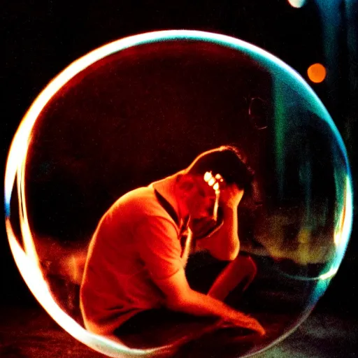 Prompt: movie still of a man inside a bubble, artsy film, beautiful composition, 3 5 mm film