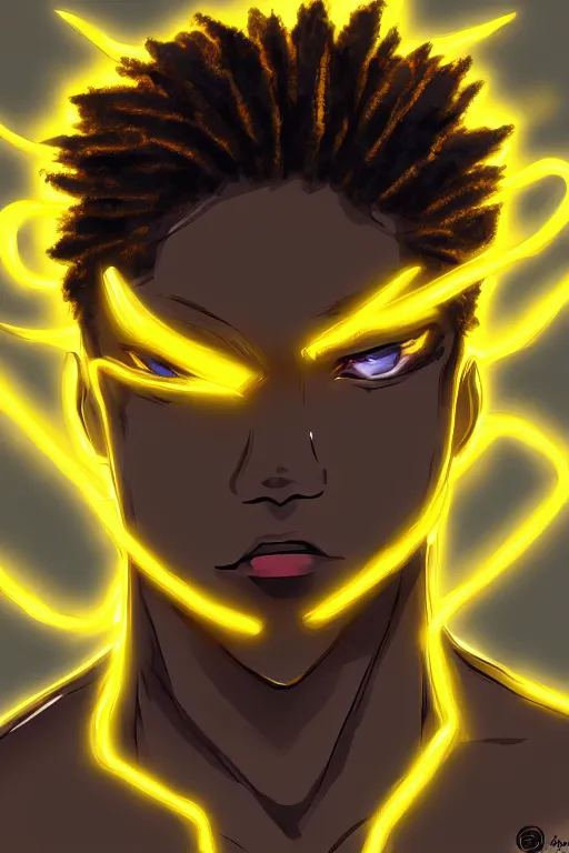 Prompt: glowing black male anime character, golden hair, yellow eyes, symmetrical, highly detailed, digital art, sharp focus, trending on art station, crazy hair, electricity superpowers, anime art style
