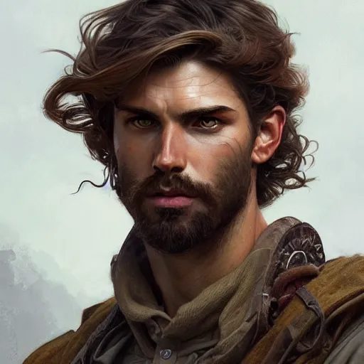 Image similar to Portrait of rugged male ranger, D&D, amber eyes, face, long hair, muscular, fantasy, intricate, elegant, highly detailed, digital painting, artstation, concept art, smooth, sharp focus, illustration, art by artgerm and greg rutkowski and alphonse mucha