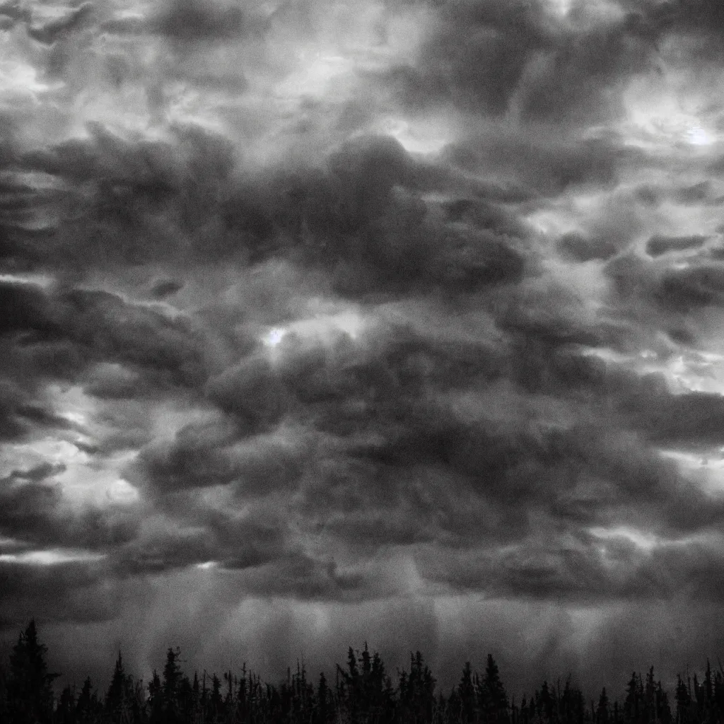 Image similar to morgoth in a huge dark electric storm cloud above dark spruce forest, black metal aesthetics, black and white photo