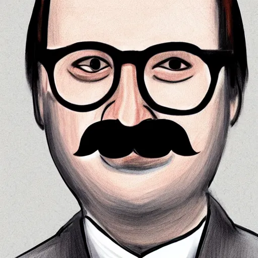 Prompt: court sketch of bob odenkirk with mustache and glasses in orange jumpsuit testifying