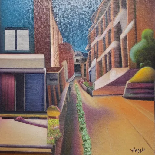 Prompt: happy lane central, oil and acrylic on canvas, surrealism, high detail