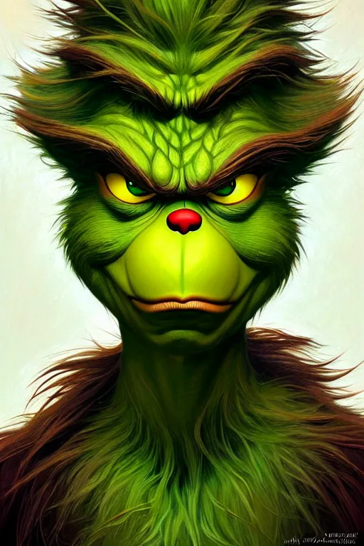 Image similar to symmetry!! intense fanart of 3 / 4 front pose of the grinch, protagonist, intricate,, highly detailed, my rendition, digital painting, artstation, concept art, perfect, smooth, sharp focus, illustration, art by artgerm and greg rutkowski and alphonse mucha