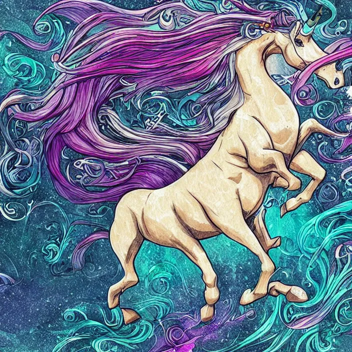 Image similar to a beautiful elegant unicorn running on a rainbow, concept art, intricate details, fierce, powers, comic